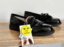 Hush Puppies Ginny Black Patent Leather Slip on Tassel Front Loafer Shoes Work