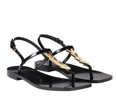 Versace V-Chain Patent Leather Thong Sandals Black Gold Accent Sz US 6.5 NIB