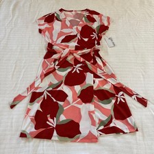 Nine West Womens Floral Faux Wrap Dress Red Pink Green XS NWT Jersey Knit V-Neck