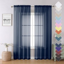Navy Blue Sheer Curtains 84 Inches Long 2 Panels Set, Solid Voile Light