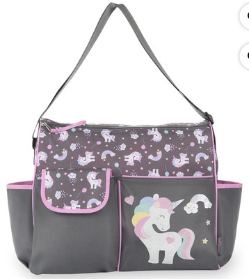 Baby Boom Unicorn Diaper Bag, Gray w/Pink, Changing Pad, 6 Pockets, 15 x13 x5 