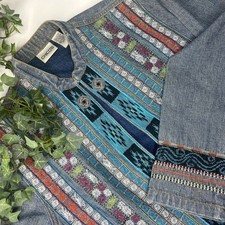 Chicos Colorful Embroidered Denim Jacket Mandarin Collar size small