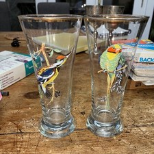Vintage 1980s 2 no Lager Beer schooner Glasses bird pictures 