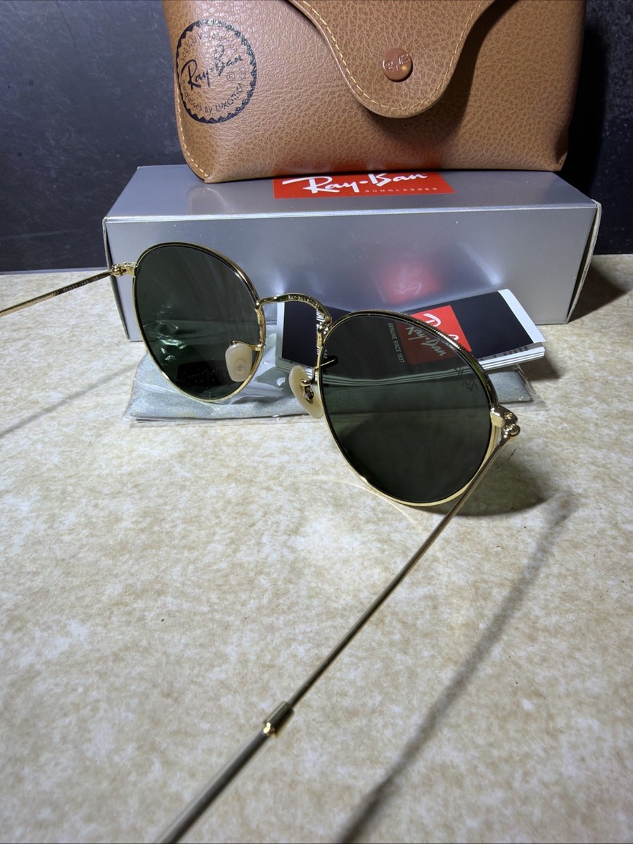 Authentic Ray-Ban RB3447 Round Metal Gold Sunglasses Green G-15