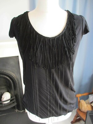 Red Herring debenhams blouse top t shirt black stretch tassel neck size uk 12
