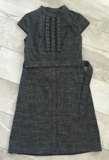 MERONA Women's Black/Silver Mandarin Collar w/Ruffle Dress Sz 6 Button with Belt