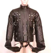 Mens Leather Heavy Duty Straight Jacket Cowhide Leather Straitjacket Arm Binder