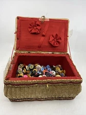 Vintage 1960s straw sewing basket filled with Buttons