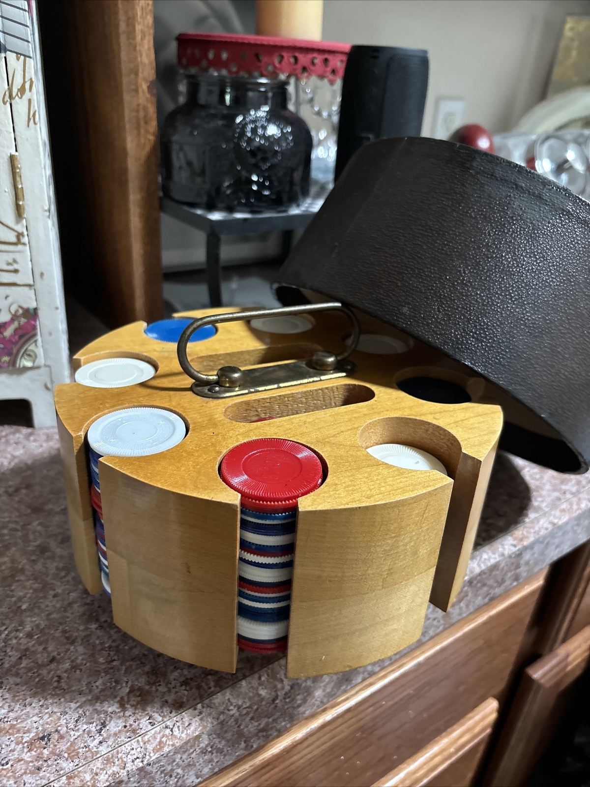 Vintage Wooden Poker Chip Carousel Caddy With Cover 2 Deck Card Holder