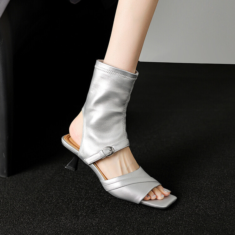 Womens 2024 Fashion Leather Buckle Strap Cutout Mid Heel