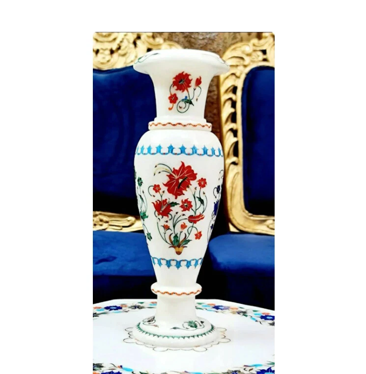 18" Flower Vase Fine Arts Gemstone Inlay Hand Carved white Marble Vase gift