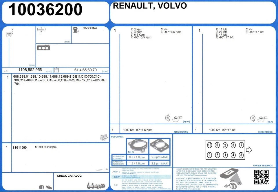 Full Engine Rebuild Gasket Set RENAULT CARAVELLE 956cc 688 (1963-/1965) - Image 2 of 2
