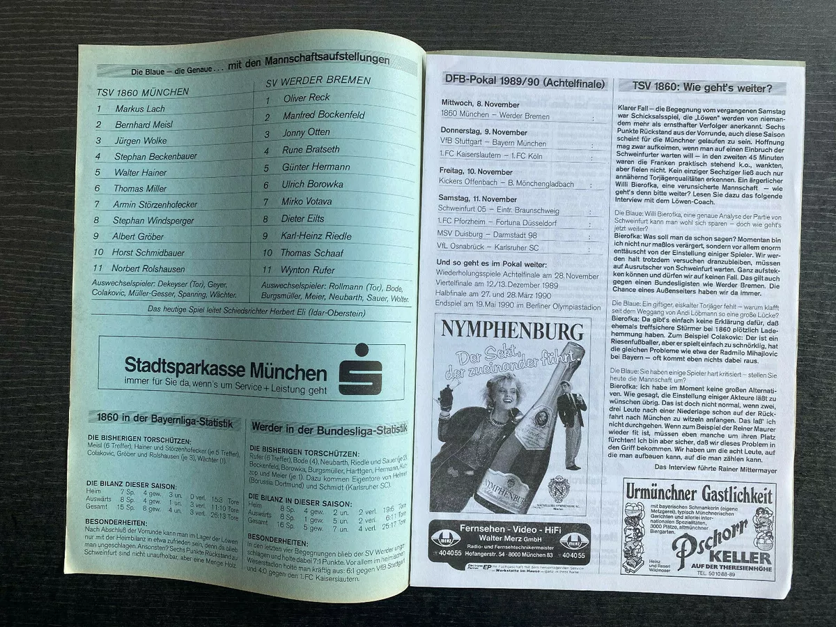 Dfb-Pokal 89/90 Tsv 1860 München - Sv Werder Bremen, 08.11.1989