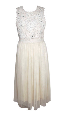 FRENCH CONNECTION 8 Dress Ivory Tulle Skirt Embroidered Crystal Floral Lace Mesh