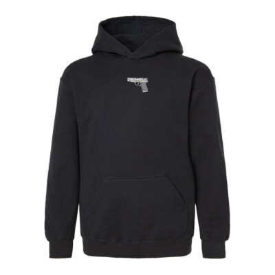 Automatic firearm embroidered pullover sweat hoodie, automated gun design hoodie