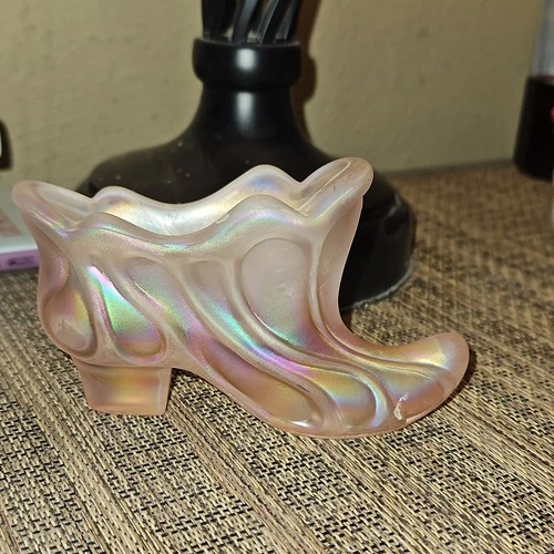 Fenton Pink Iridescent Art Glass Shoe Figurine Decorative Carnival Finish