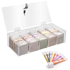 Acrylic Locking Currency Tray With 300 Currency Wrappers, 5 Compartment Clear...