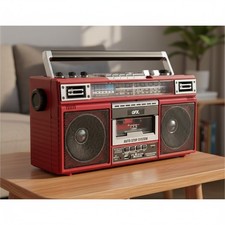 Portable J-220BT Red Boombox - MP3 Conversion, 4-Band Radio Dual Speakers