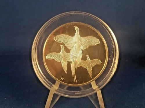 1970 Franklin Mint Ring-necked Pheasants Roberts Birds 2oz 925 Silver W/ Stand