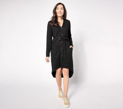 Cuddl Duds Size XL Cloud Knit Button Front Belted Cardigan Dress BLACK A630210