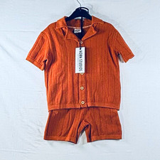 Norn Studios Boys Brown Knit 2-Piece Shorts Set Cotton Button Shirt Size 4T