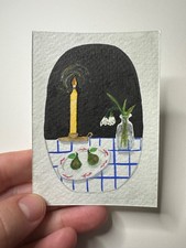 ACEO Art Card cozy cottage pears candle flowers  watercolor  - Staskacrew
