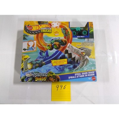 Hot Wheels Monster Trucks Spiral Shark Smash Kids NIB Blue Orange Mega-Wrex Set