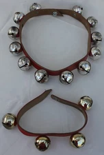 2 Sets Vintage Metal Sleigh Bells Leather Strap Gold & Silver Tone Christmas