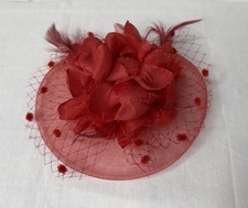 red mesh fascinator w/ flower, feathers, and dotted veil- Kentucky Derby, party