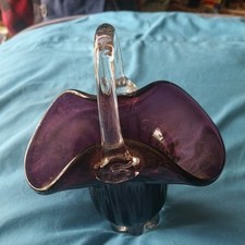 Murano Glass Handled Basket, Deep Purple Glass Basket Vase, Vintage Double Blown