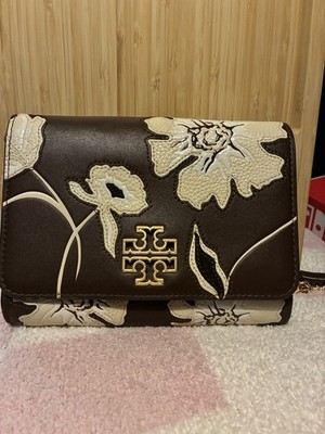 Tory Burch Brown/Ivory Floral Small Crossbody Bag Gold Chain Strap Zip