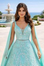 Long Seafoam Green Embroidered Ball Gown Beaded Belt Prom Dress Size 4