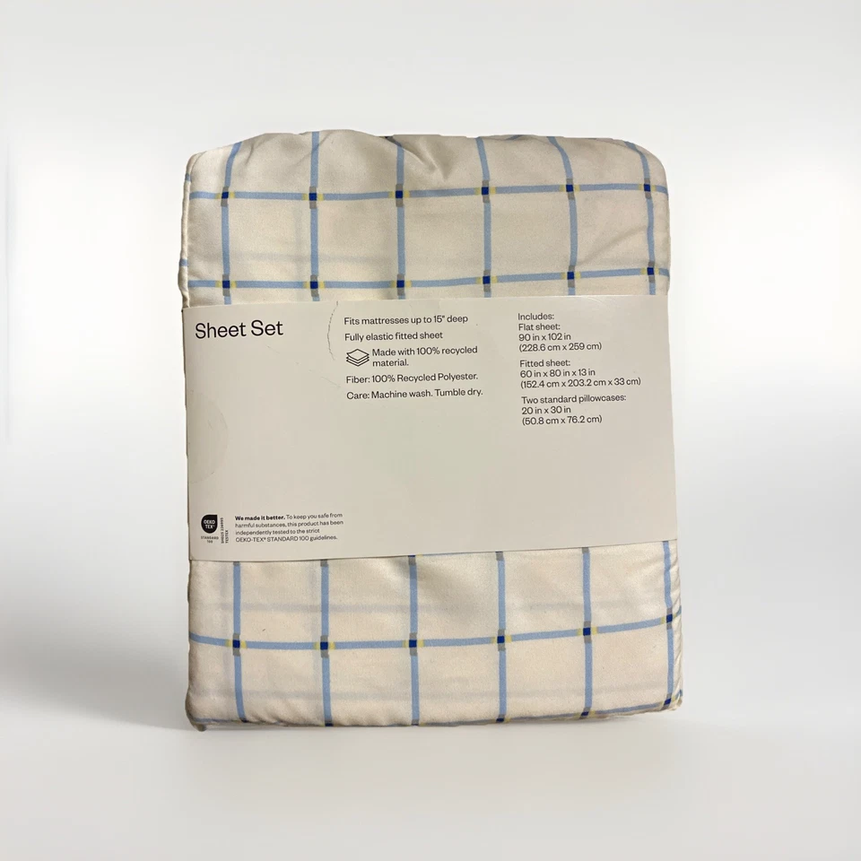 Queen Microfiber Sheet Set Blue Grid - Room Essentials - Size Queen - NEW - Image 2 of 2