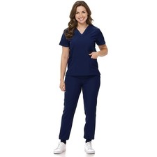 Scrubs Set for Nurse Uniform V-Neck Top and Drawstring Jogger Pants with Mult...