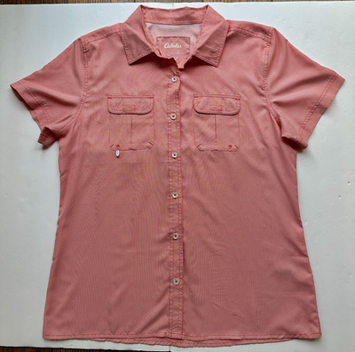 #ad Cabela#x27;s Women#x27;s L Red White Houndstooth Short Sleeve Polyester Button Up UPF 30 $12.99