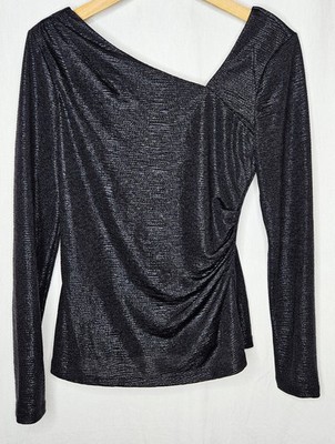 NWT Halogen Black Shiny Drape Neck Ruched Long Sleeve Top Small Lined