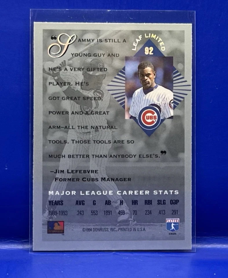 1994 Leaf Limited #92 Sammy Sosa Chicago Cubs - Image 2 of 2