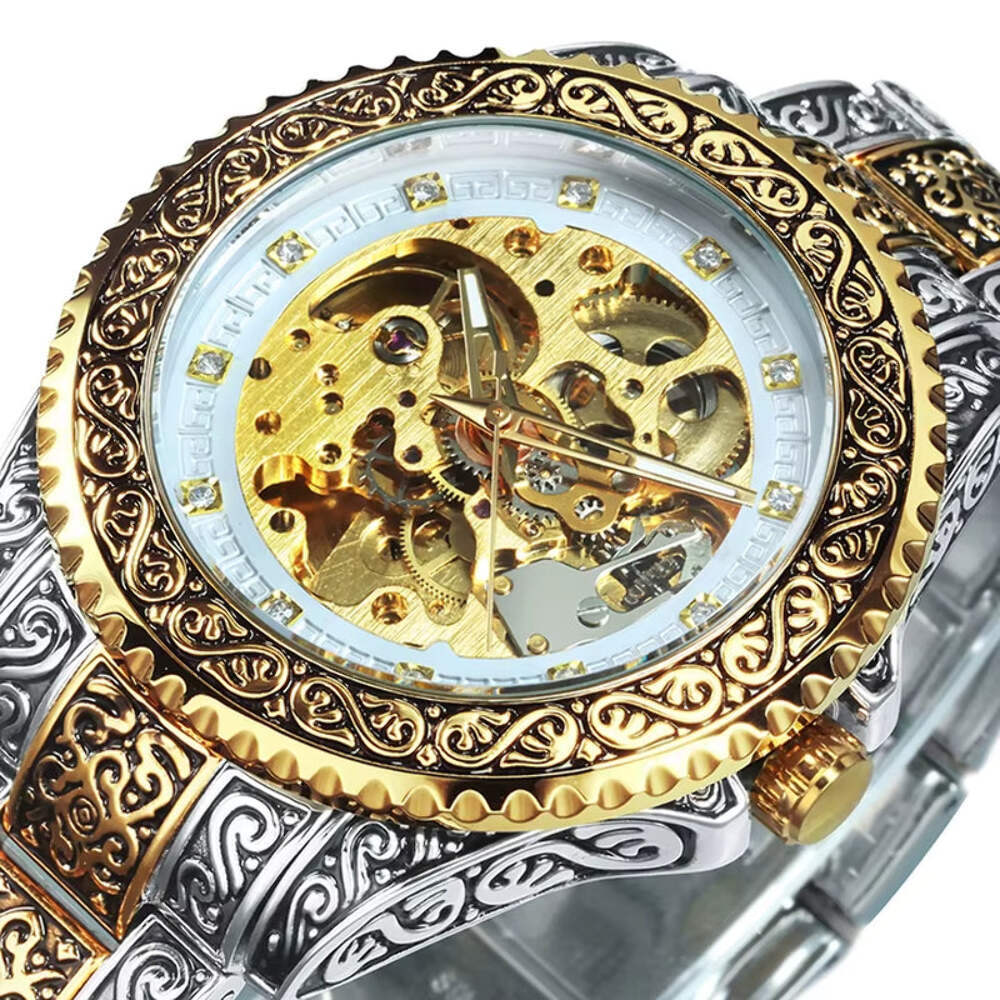 WINNER Gold Skeleton Mechanical Watch Men Automatic Vintage Royal Fashion Engrav