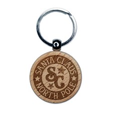 Santa Claus North Pole Christmas Engraved Wood Round Keychain Tag Charm