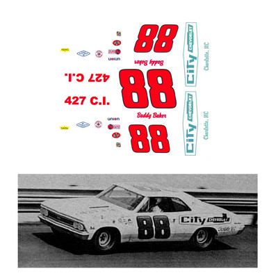 #88 Buddy Baker 1966 Chevelle Decal 1/64 scale AFX Tyco Lifelike Autoworld