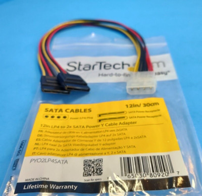 StarTech 12in LP4 Molex 4-Pin Female to Dual/2x SATA Drive Power Y Adapter Cable