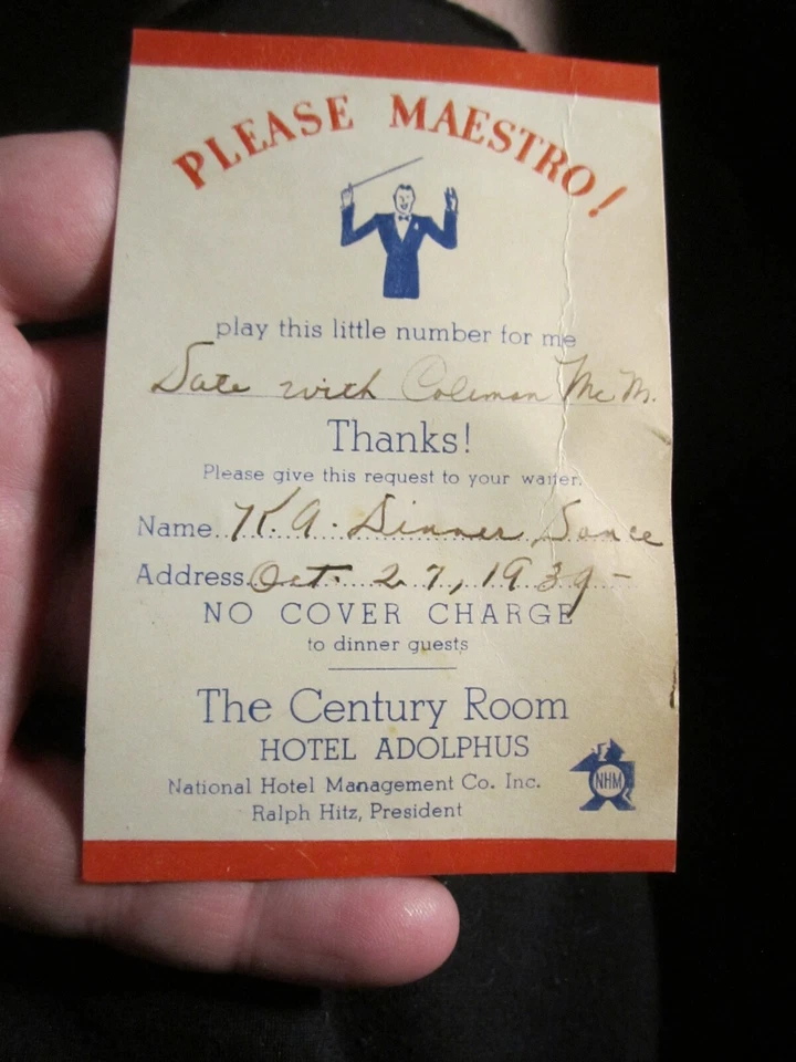 1939 HOTEL ADOLPHUS CENTURY ROOM DINNER & SHOW TICKET BBA-40 - Image 3 of 3