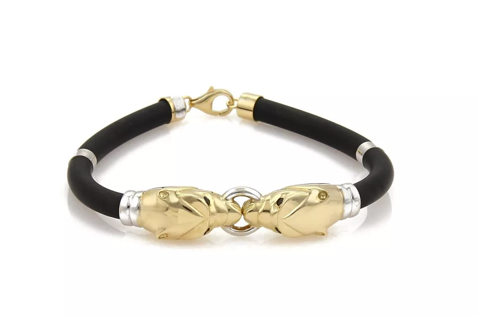 RCI 18k Two Tone Gold & Sapphire Double Panther Head Rubber Cord Bracelet - Image 2 of 4