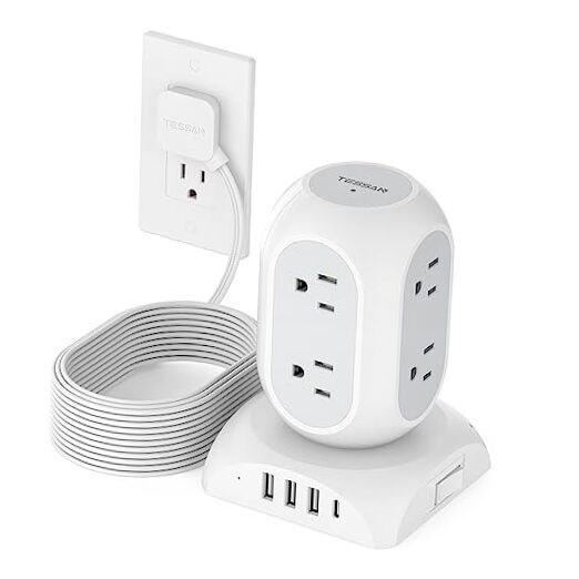 Surge Protector Power Strip Tower,  Flat Plug Extension 12 Outlets White/Grey-image