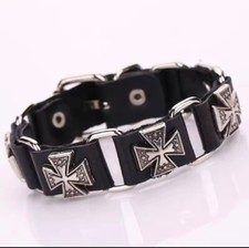 Knights Crusades Templar Shield Cross Celtic Black Leather Bracelet Bangle Mens