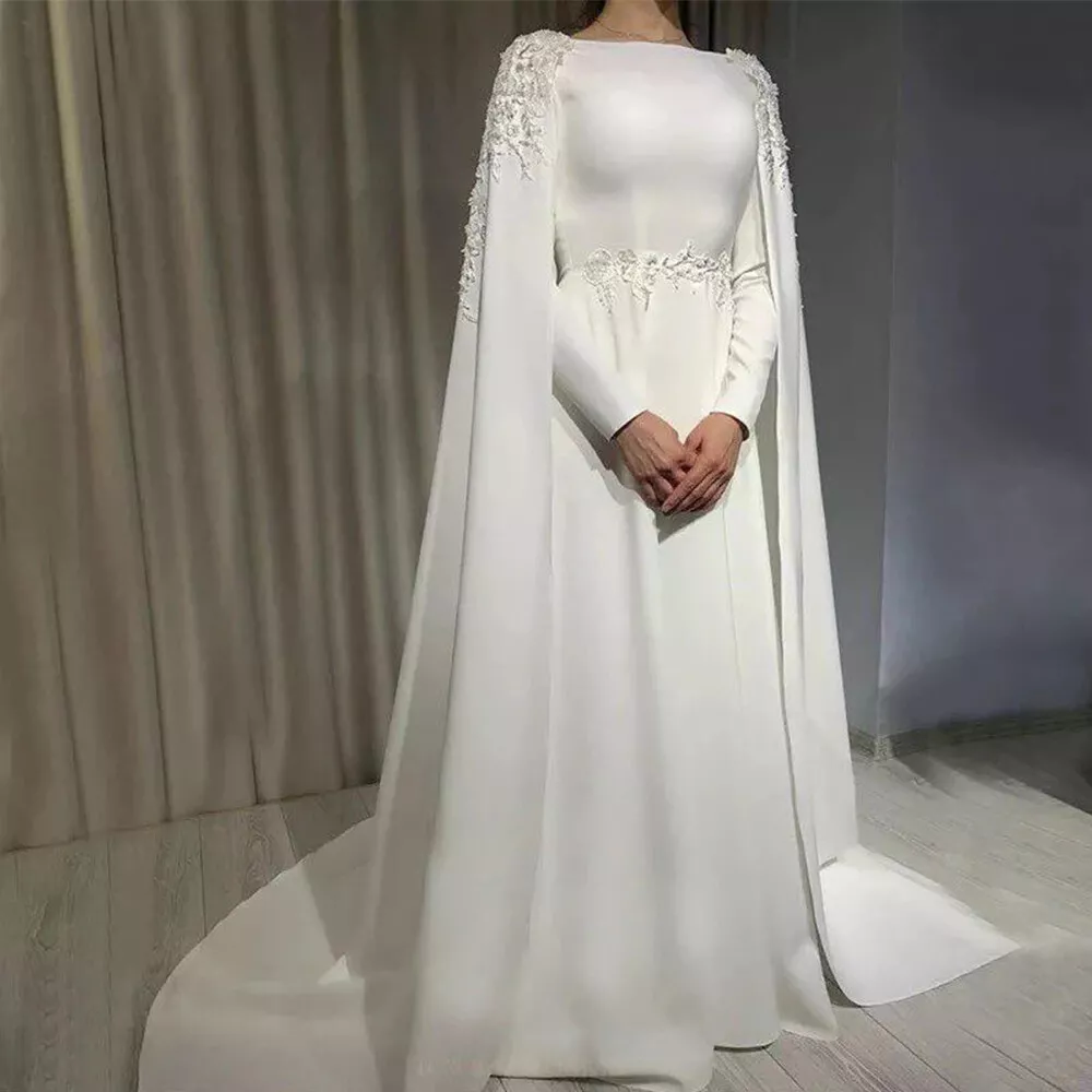 White Ivory Muslim Wedding Dresses with Cape Satin Long Sleeves