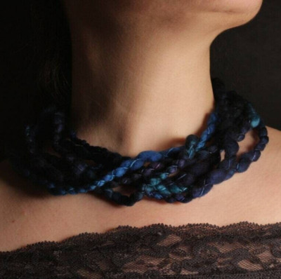 Fiber Art Scarf Artsy Soft Winter Merino Wool Neck Warmer Necklace Layered Blue