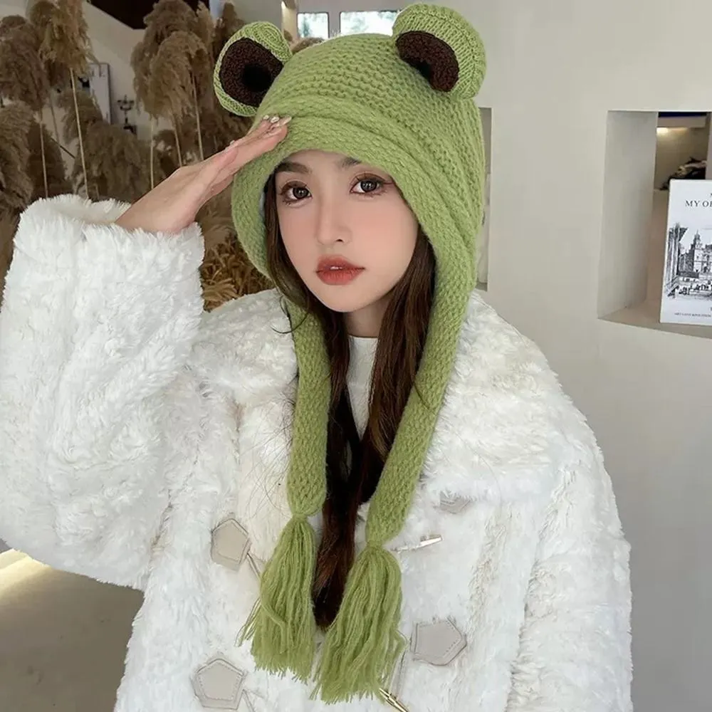 Knitted Cap Cute Cap Korean Hat Bomber Hats Women Plush Hat Frog Woolen Hat