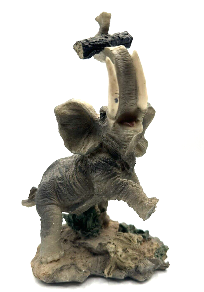 Wild Elephant Figurine Trunk Raised Holding Log - Resin - 8