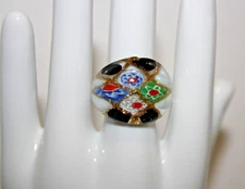 Vintage Murano Style Blown Glass Millefiori Gold Glitter Dome Ring Sz 7.5